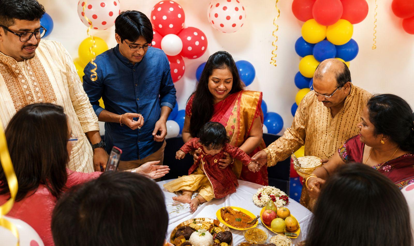Family celebrating a birthday with festive decor