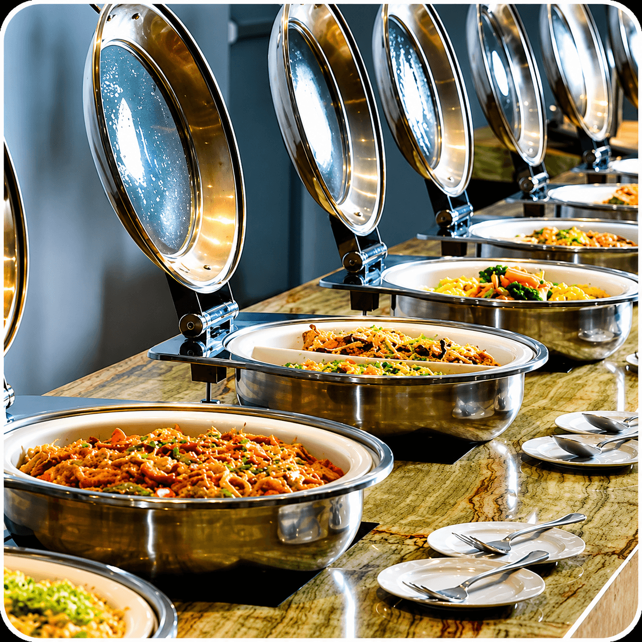 Professional catering buffet setup with chafing dishes
