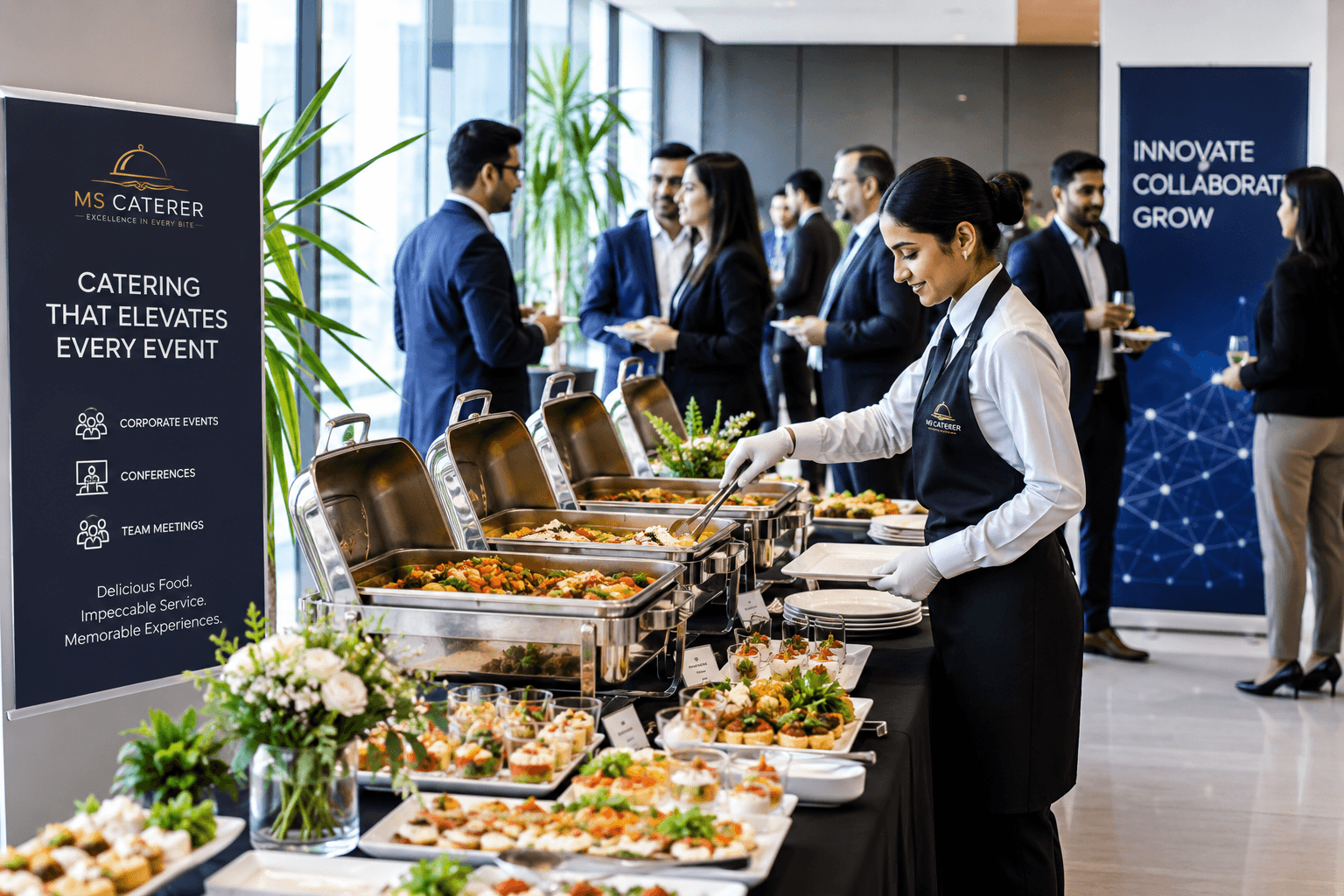 Professional catering staff serving at a corporate events buffet