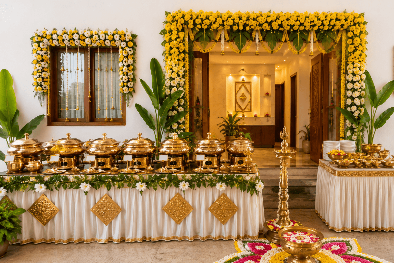 Traditional brass buffet setup with floral décor for a house warming