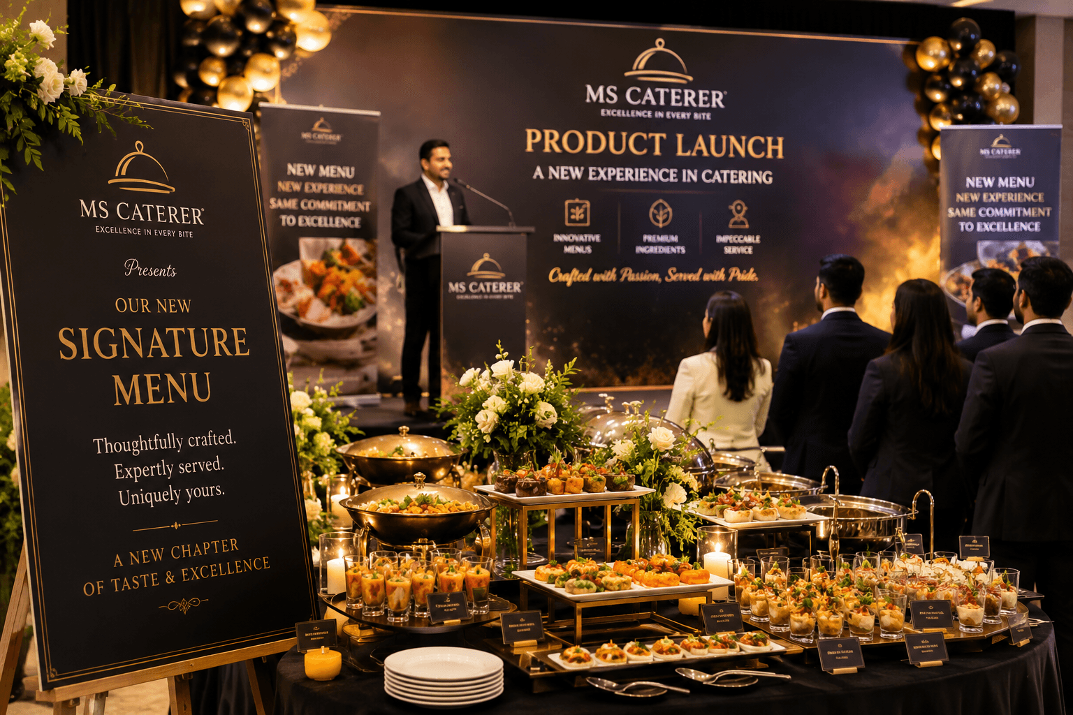 Signature menu display and stage at a product launch event