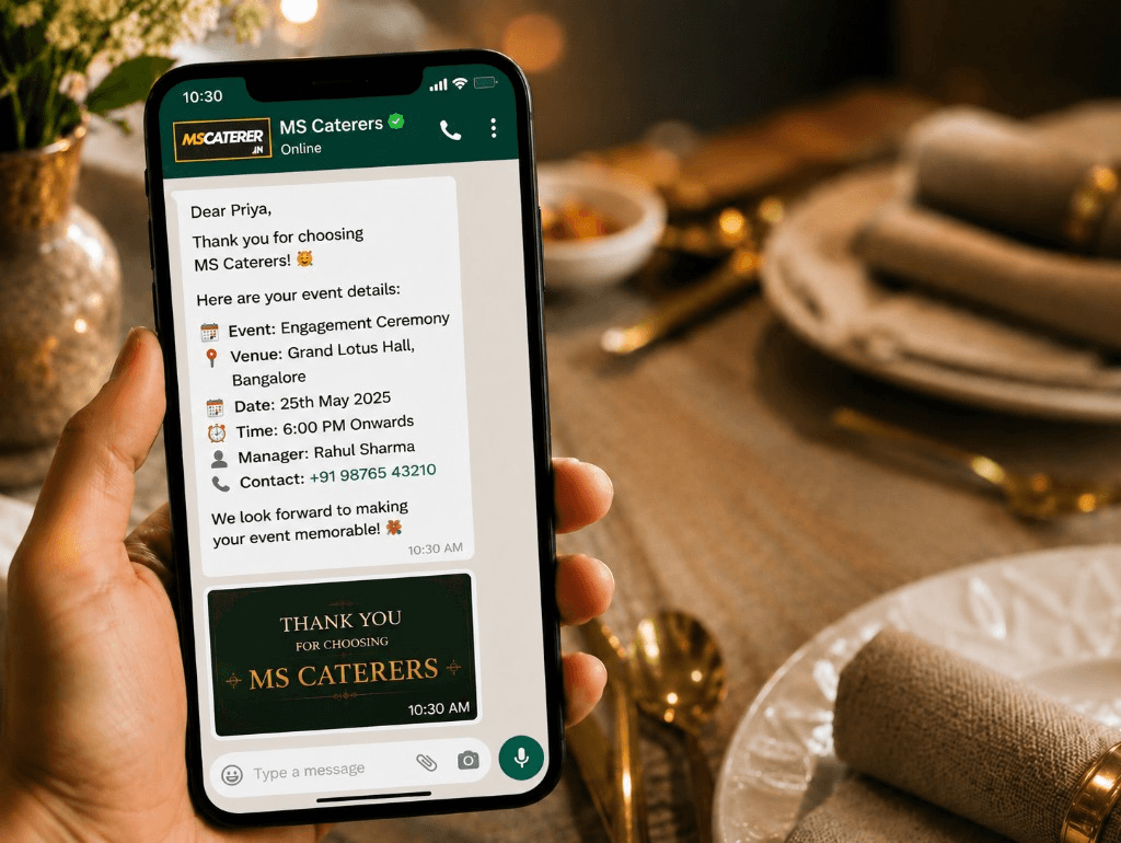 WhatsApp message with event details from MS Caterers