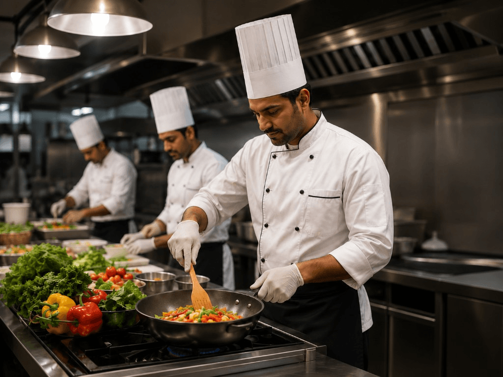 Chefs preparing fresh food in a professional kitchen