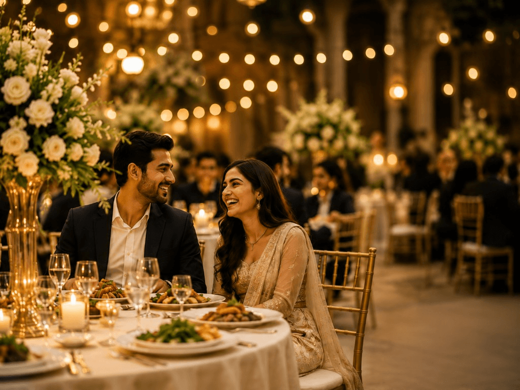 Couple celebrating at a beautifully catered evening event