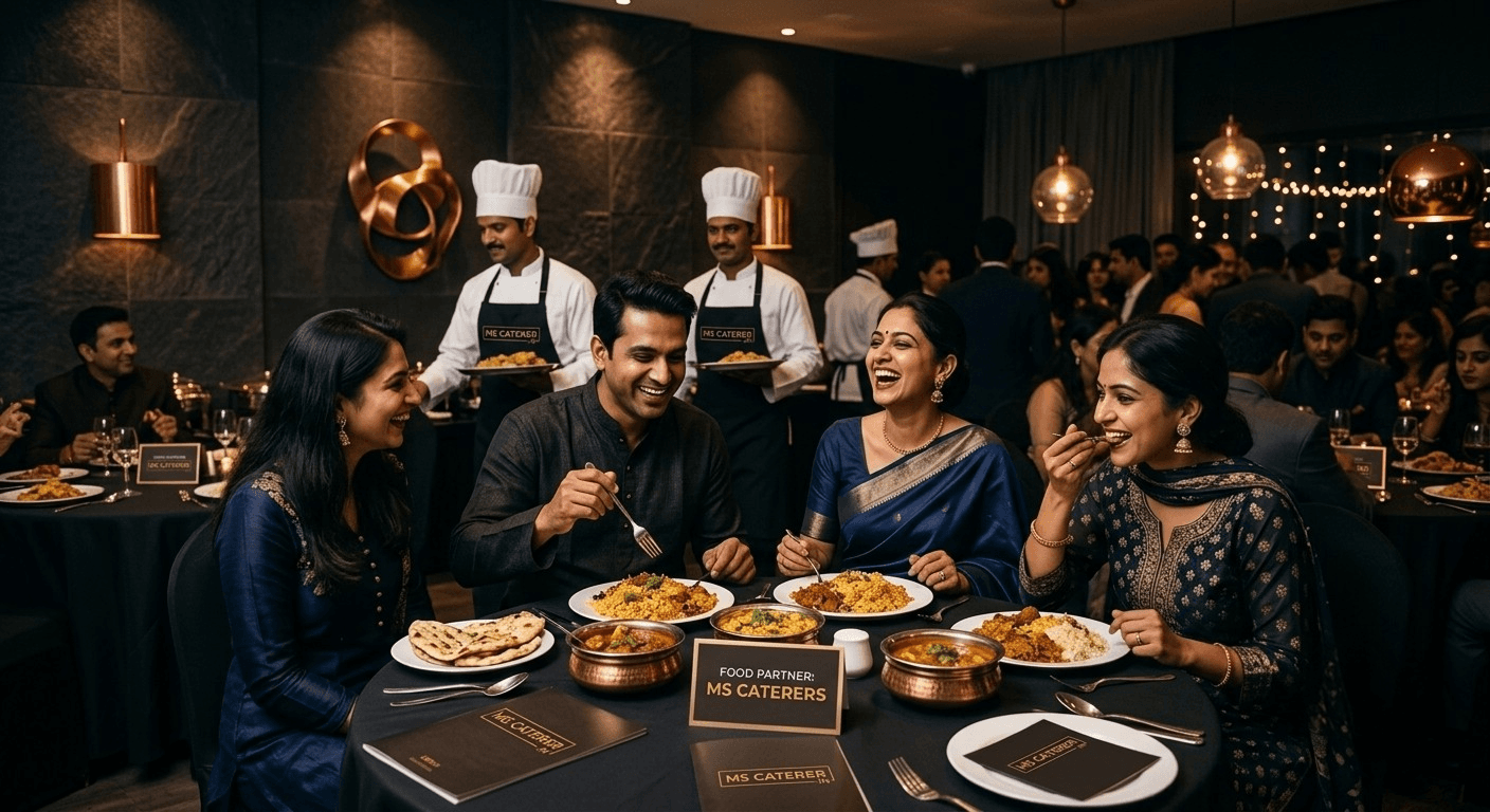 Guests enjoying an elegant catered dining experience by MS Caterers