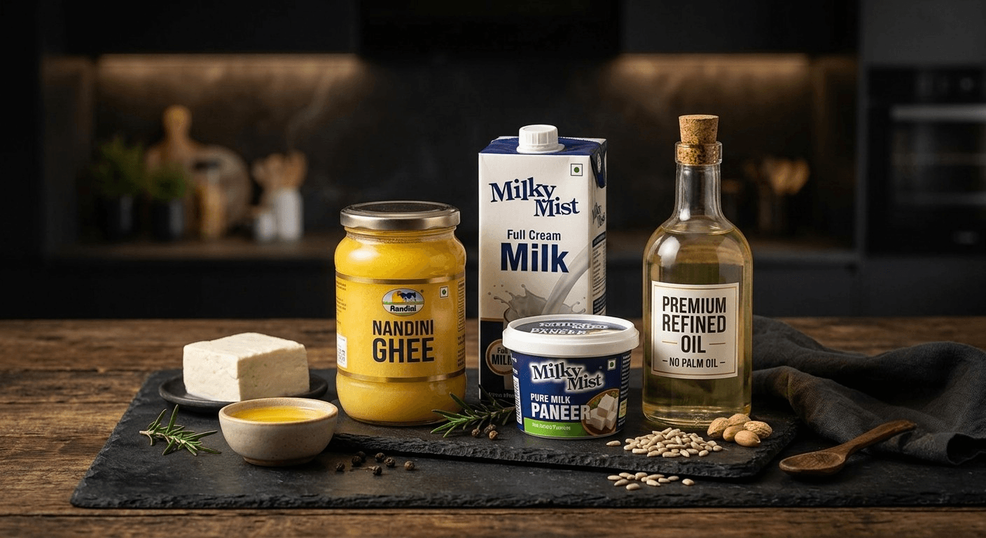 Premium ingredients including Nandini ghee, Milky Mist products, and refined oil